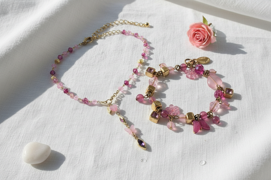Parure Fantaisie Rose - Collier et Boucles d'Oreilles en Pierres Naturelles NACRELUNE parure