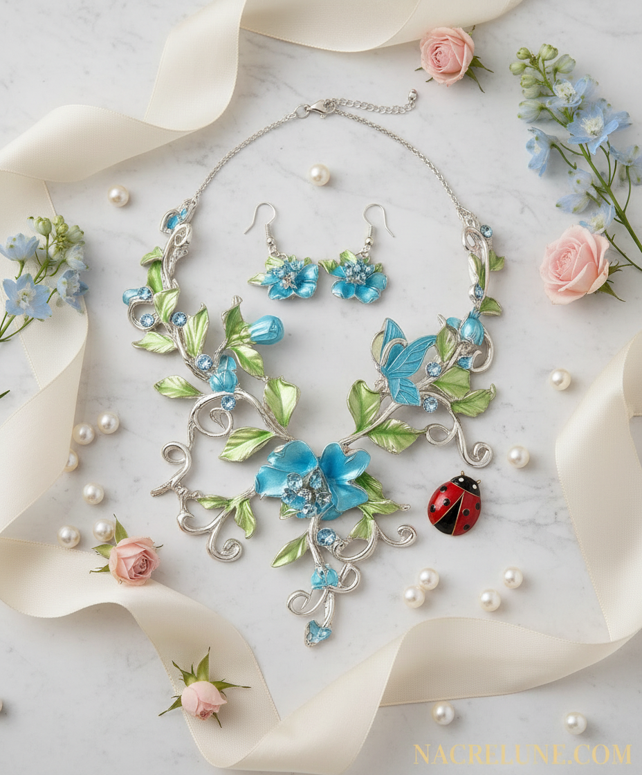Parure en émail bleu avec fleurs, papillon et coccinelle nacrelune.com parure