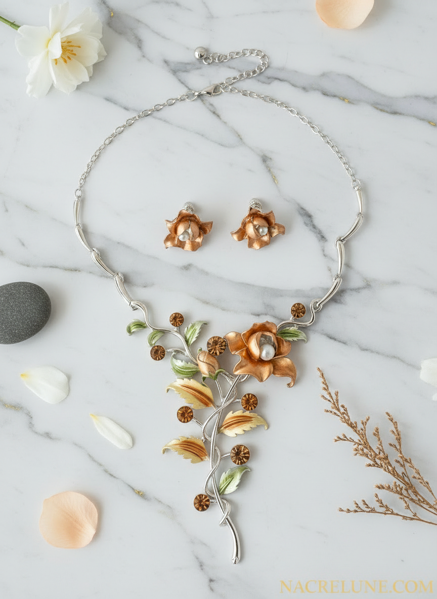 Parure fleurs en émail jaune orangé nacrelune.com parure