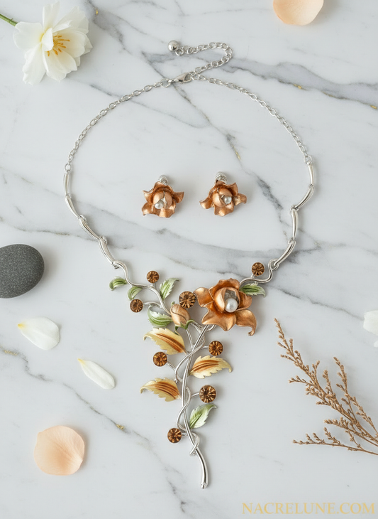 Parure fleurs en émail jaune orangé NACRELUNE parure