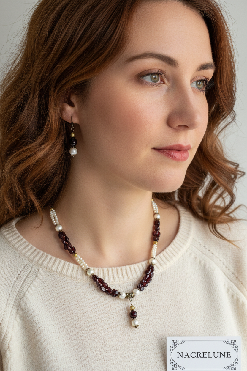 Parure Grenat Perles Culture Collier Boucles Naturelles nacrelune.com parure