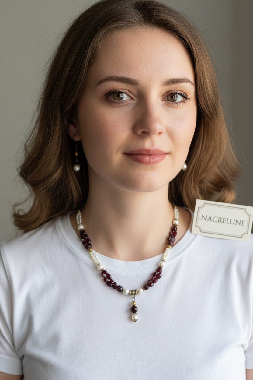 Parure Grenat Perles Culture Collier Boucles Naturelles nacrelune.com parure