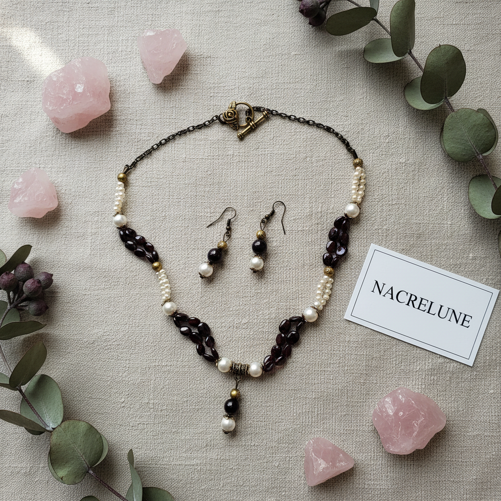 Parure Grenat Perles Culture Collier Boucles Naturelles nacrelune.com parure