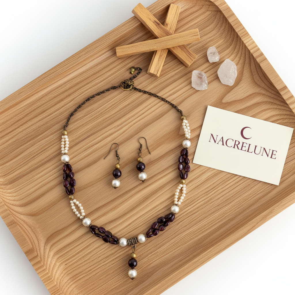 Parure Grenat Perles Culture Collier Boucles Naturelles nacrelune.com parure