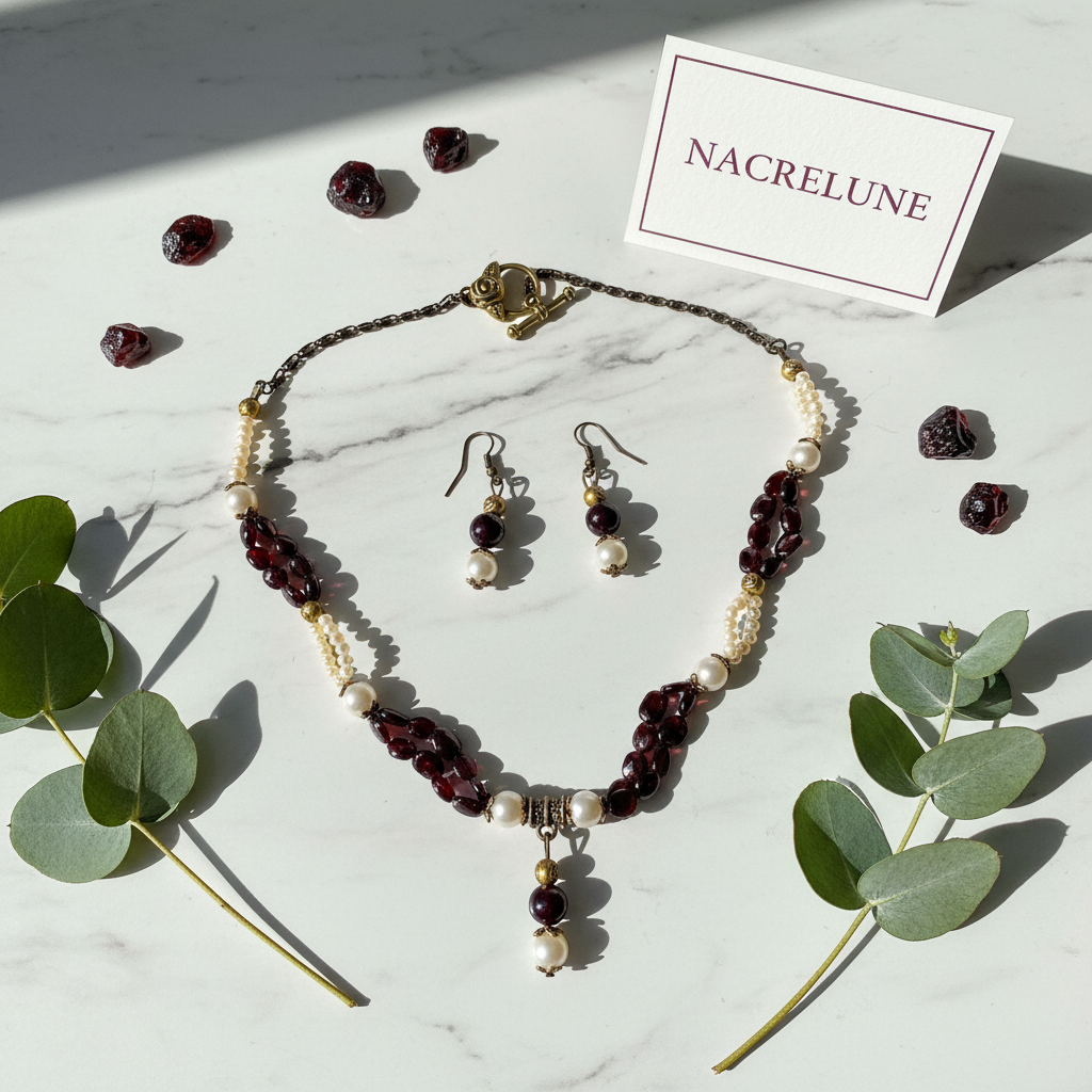 Parure Grenat Perles Culture Collier Boucles Naturelles nacrelune.com parure