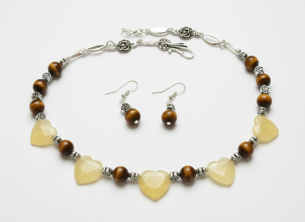 Parure en perles d' oeil du tigre et coeurs citrine jaune polis nacrelune.com parure