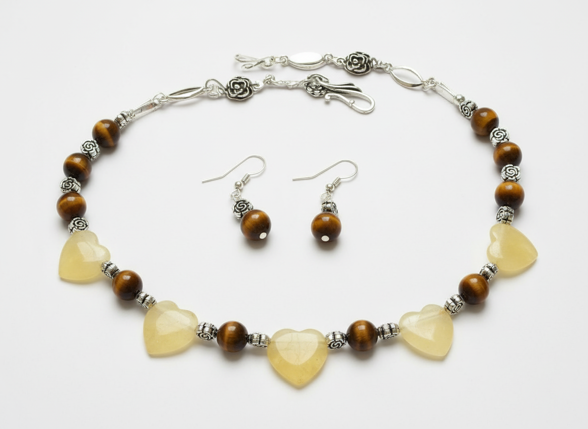 Parure en perles d' oeil du tigre et coeurs citrine jaune polis NACRELUNE parure