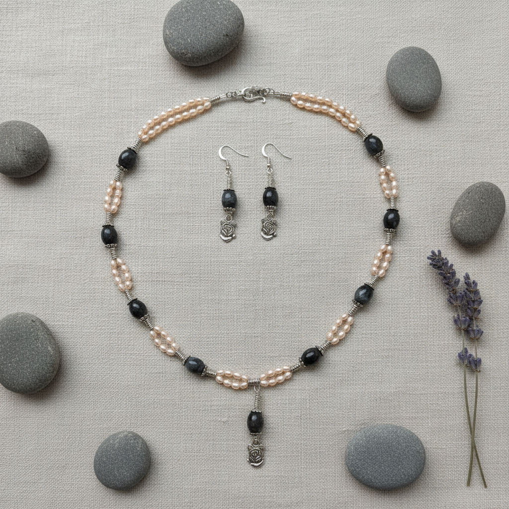 Parure Perles de Culture Saumon & Labradorite Naturelle – Collier et Boucles d'Oreilles | NACRELUNE nacrelune.com parure