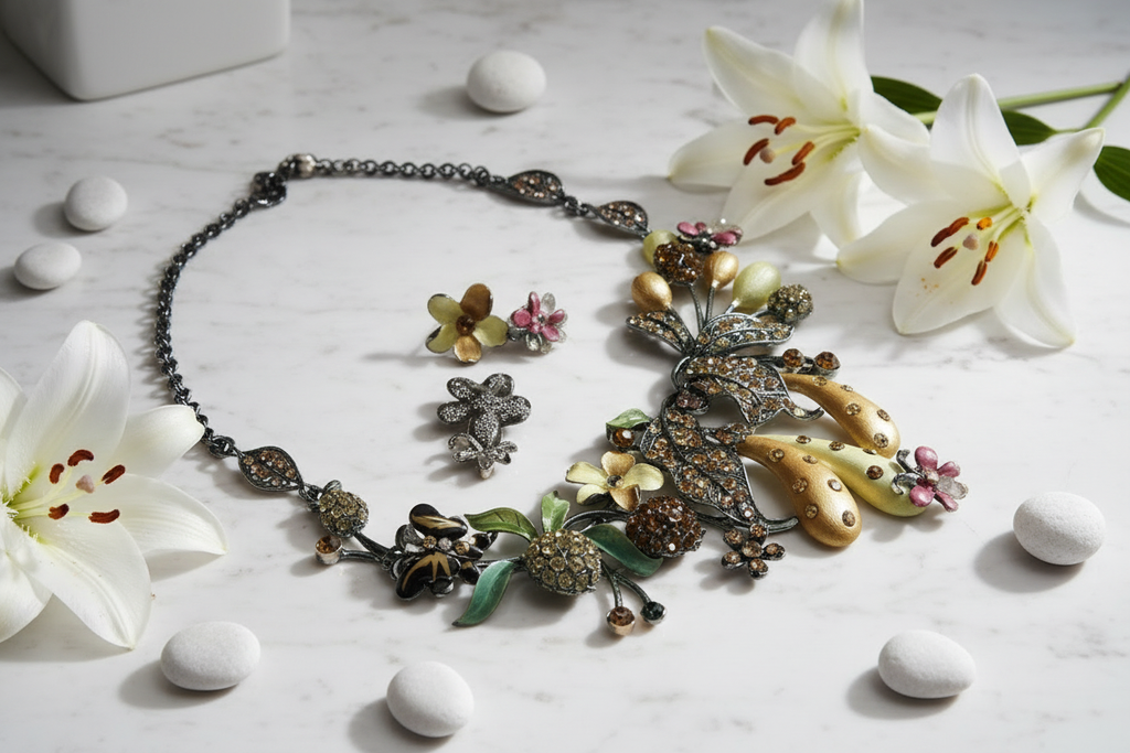 Parure fleurs et fruits en émail nacrelune.com parure