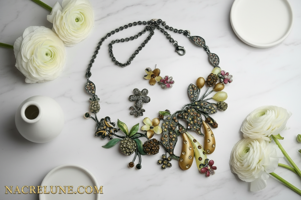 Parure fleurs et fruits en émail nacrelune.com parure