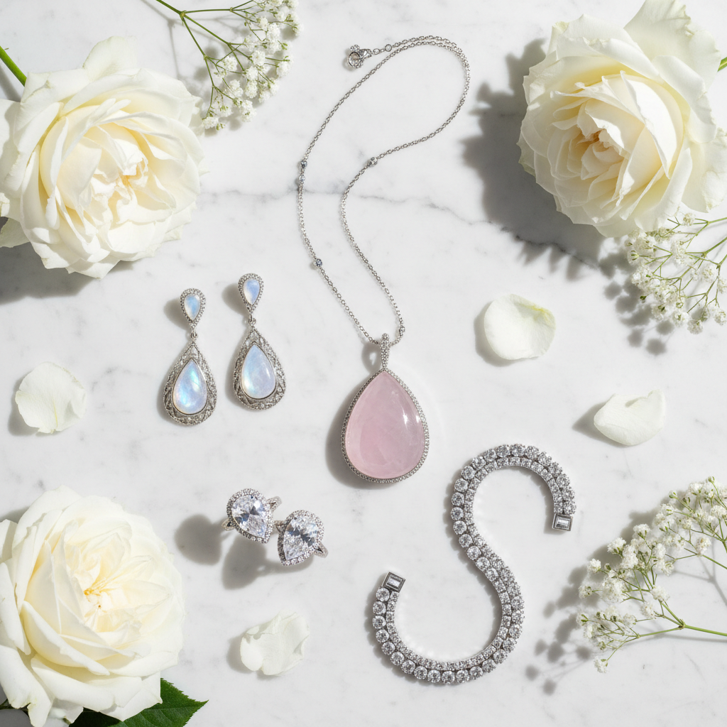 Parure mariage marbre roses