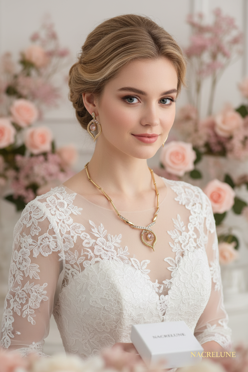 Parure stylisée en strass roses nacrelune.com parure