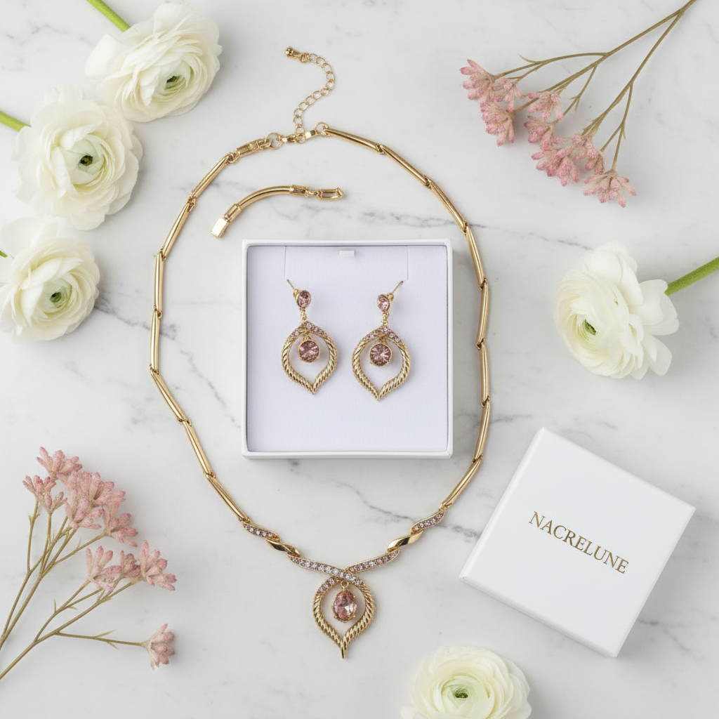 Parure stylisée en strass roses nacrelune.com parure