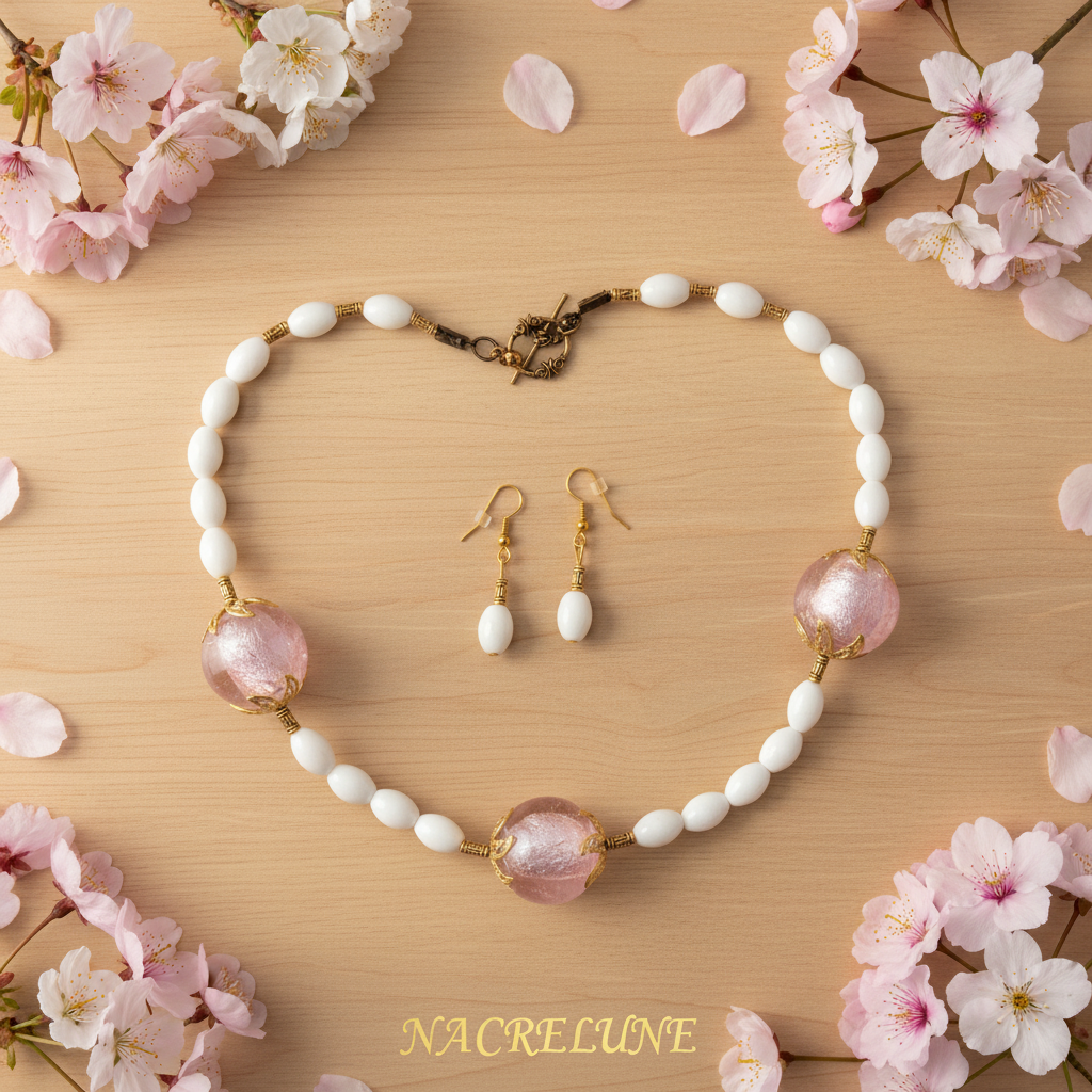 parure en boules de verre rose nacrelune.com parure