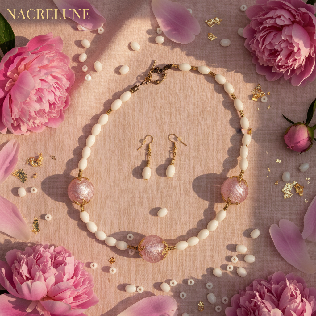parure en boules de verre rose nacrelune.com parure