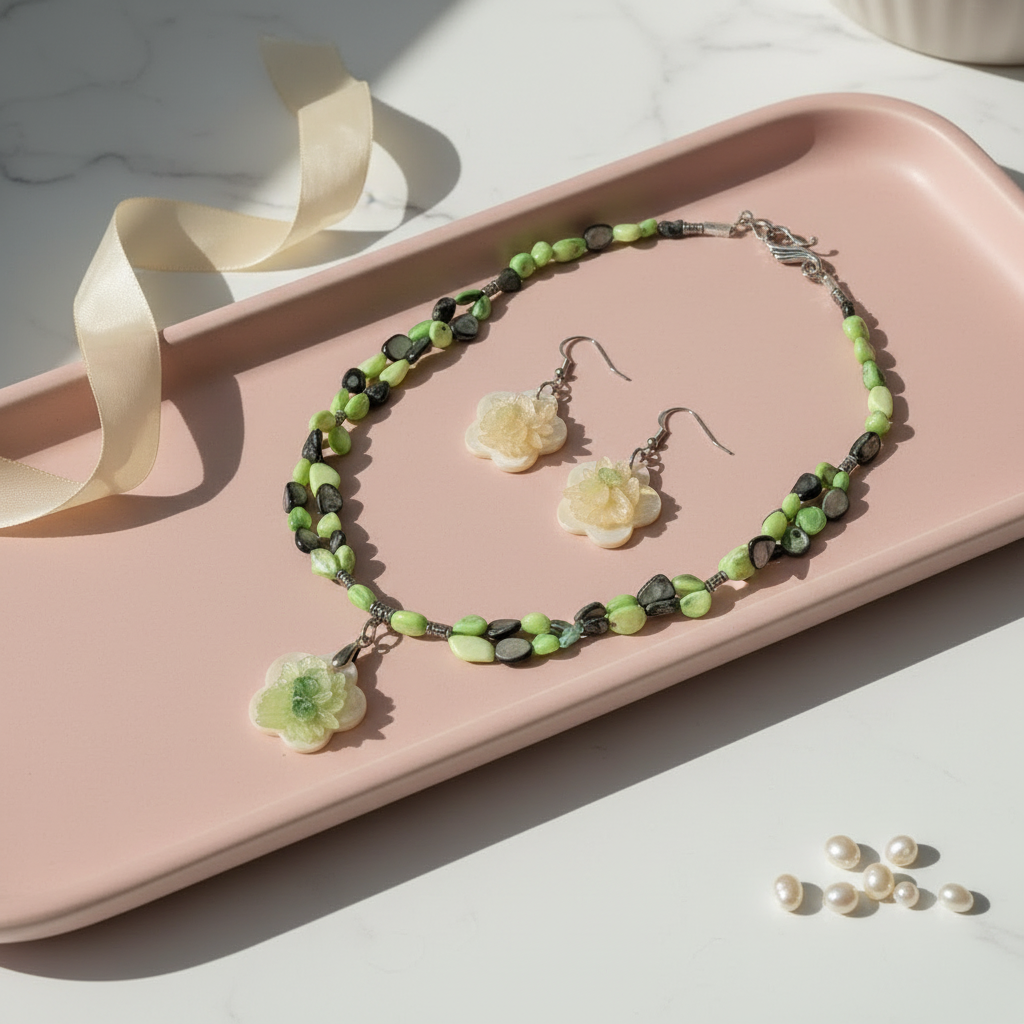 Parure perles de nacre colorées avec fleur en nacre nacrelune.com parure