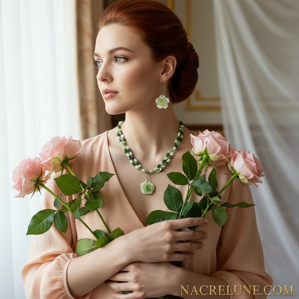 Parure perles de nacre colorées avec fleur en nacre nacrelune.com parure