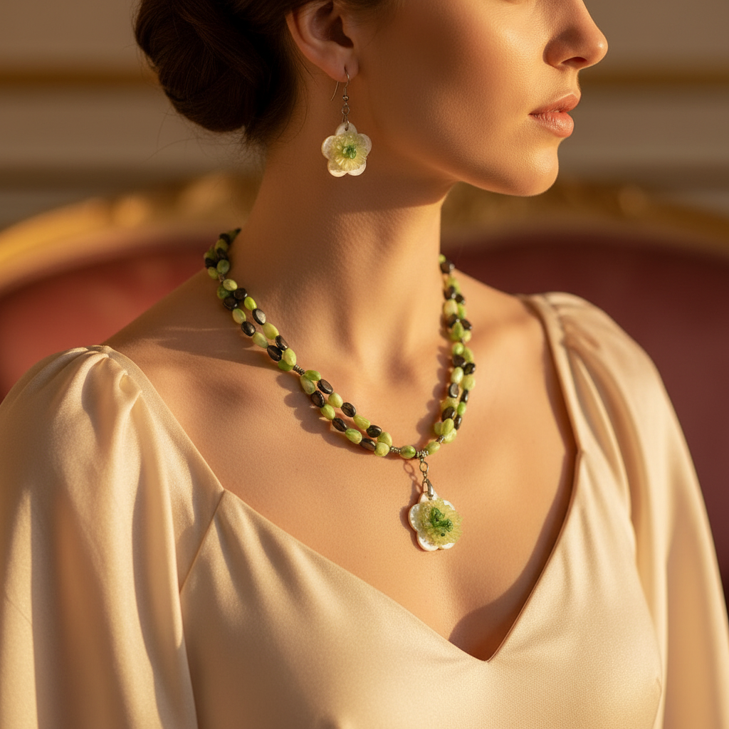 Parure perles de nacre colorées avec fleur en nacre nacrelune.com parure