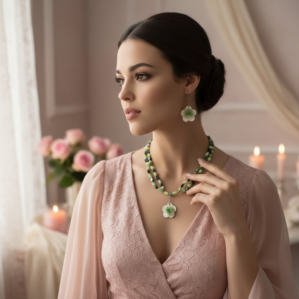 Parure perles de nacre colorées avec fleur en nacre nacrelune.com parure