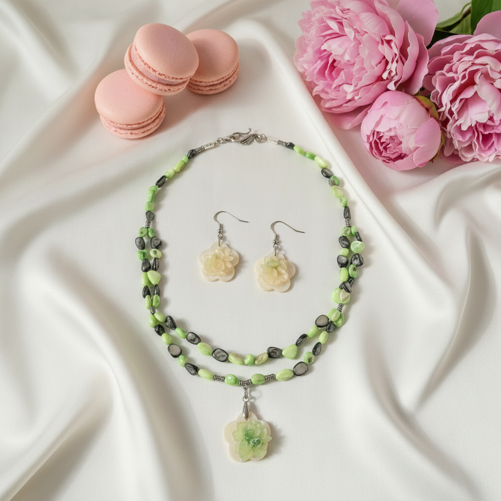 Parure perles de nacre colorées avec fleur en nacre nacrelune.com parure