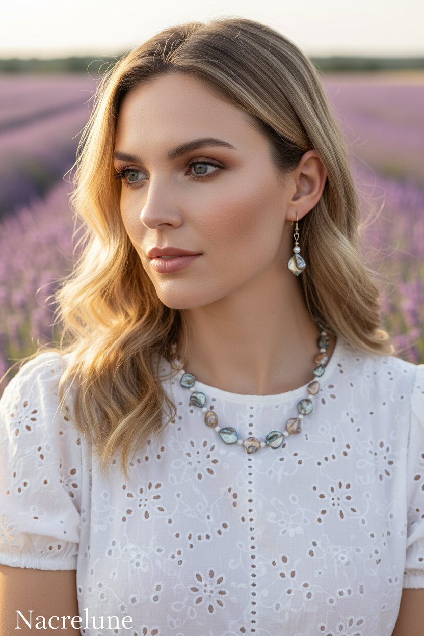 parure en perles de nacre bleue et mordorée nacrelune.com parure