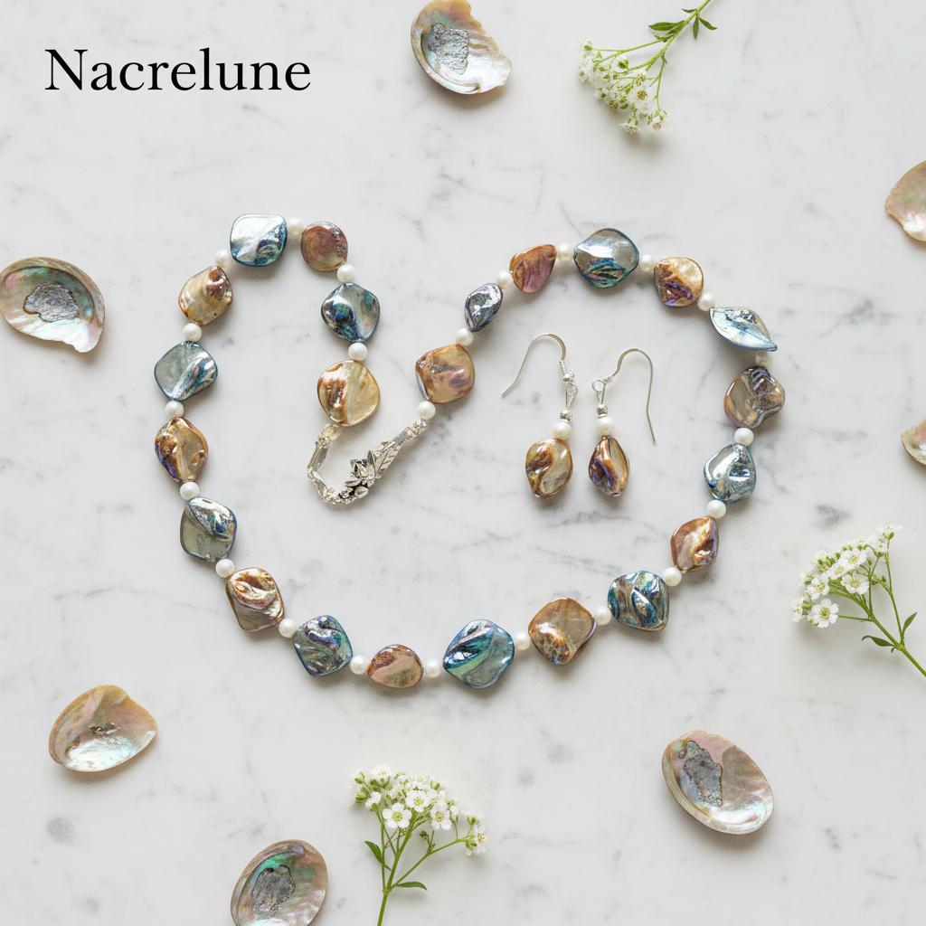parure en perles de nacre bleue et mordorée nacrelune.com parure
