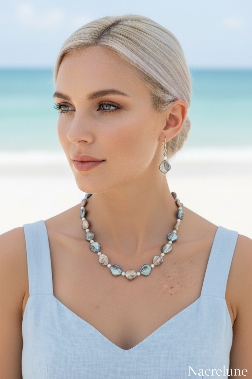 parure en perles de nacre bleue et mordorée nacrelune.com parure