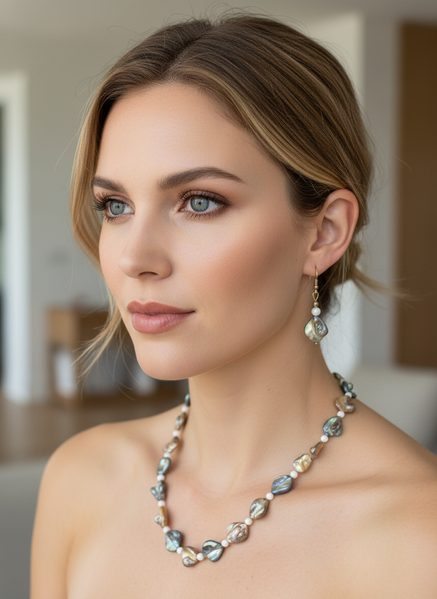 parure en perles de nacre bleue et mordorée NACRELUNE parure