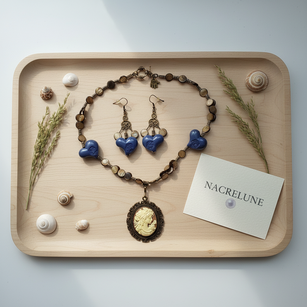 Parure Nacre Résine Collier Boucles Artisanal nacrelune.com parure