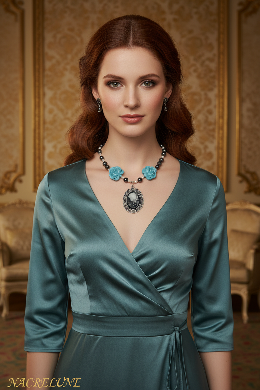 Parure en perles de nacre avec fleurs en resine turquoise et camée nacrelune.com parure