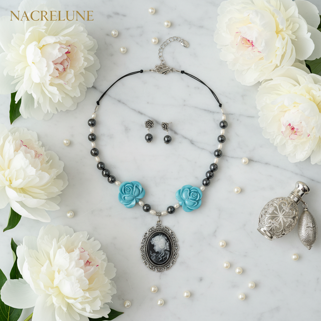 Parure en perles de nacre avec fleurs en resine turquoise et camée nacrelune.com parure