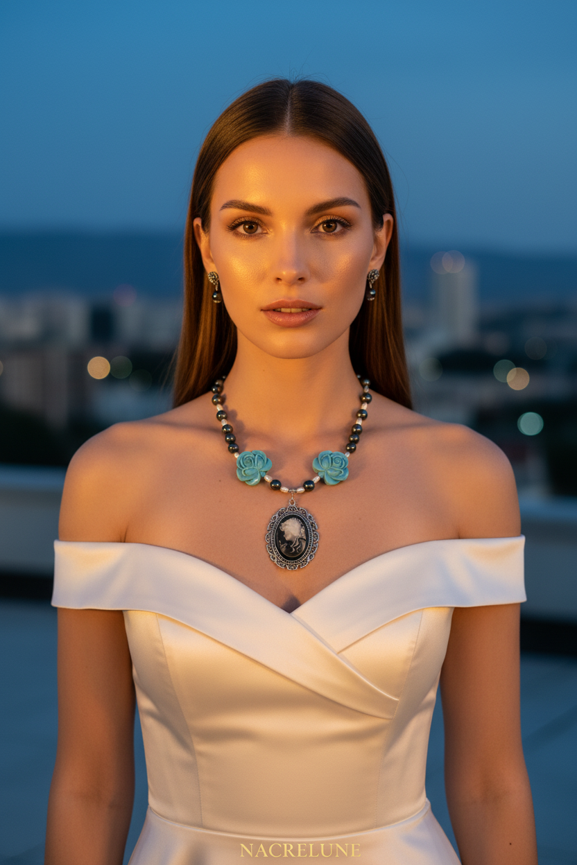 Parure en perles de nacre avec fleurs en resine turquoise et camée nacrelune.com parure