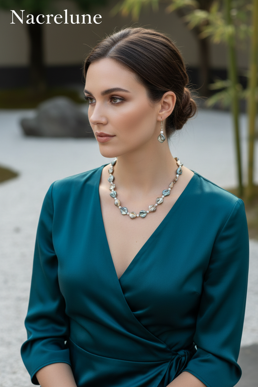 parure en perles de nacre bleue et mordorée nacrelune.com parure