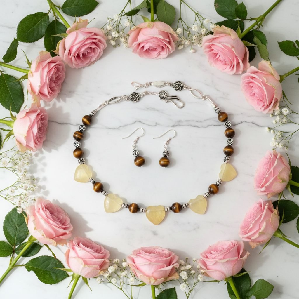 Parure en perles d' oeil du tigre et coeurs citrine jaune polis Jaune nacrelune.com parure