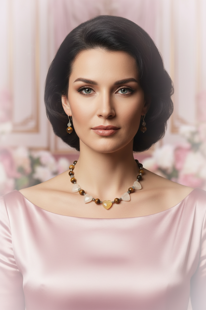 Parure en perles d' oeil du tigre et coeurs citrine jaune polis nacrelune.com parure