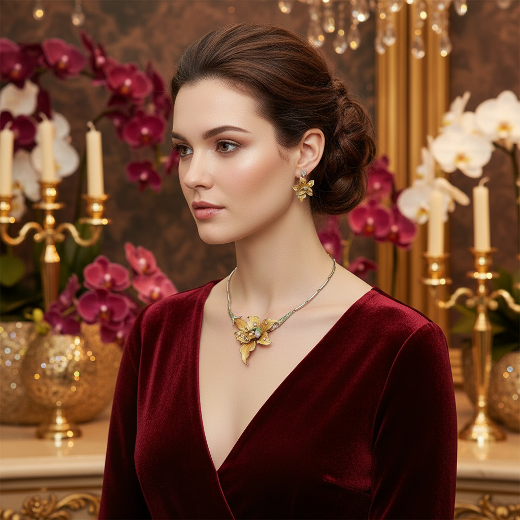 Parure en émail et strass en forme d’orchidée nacrelune.com parure