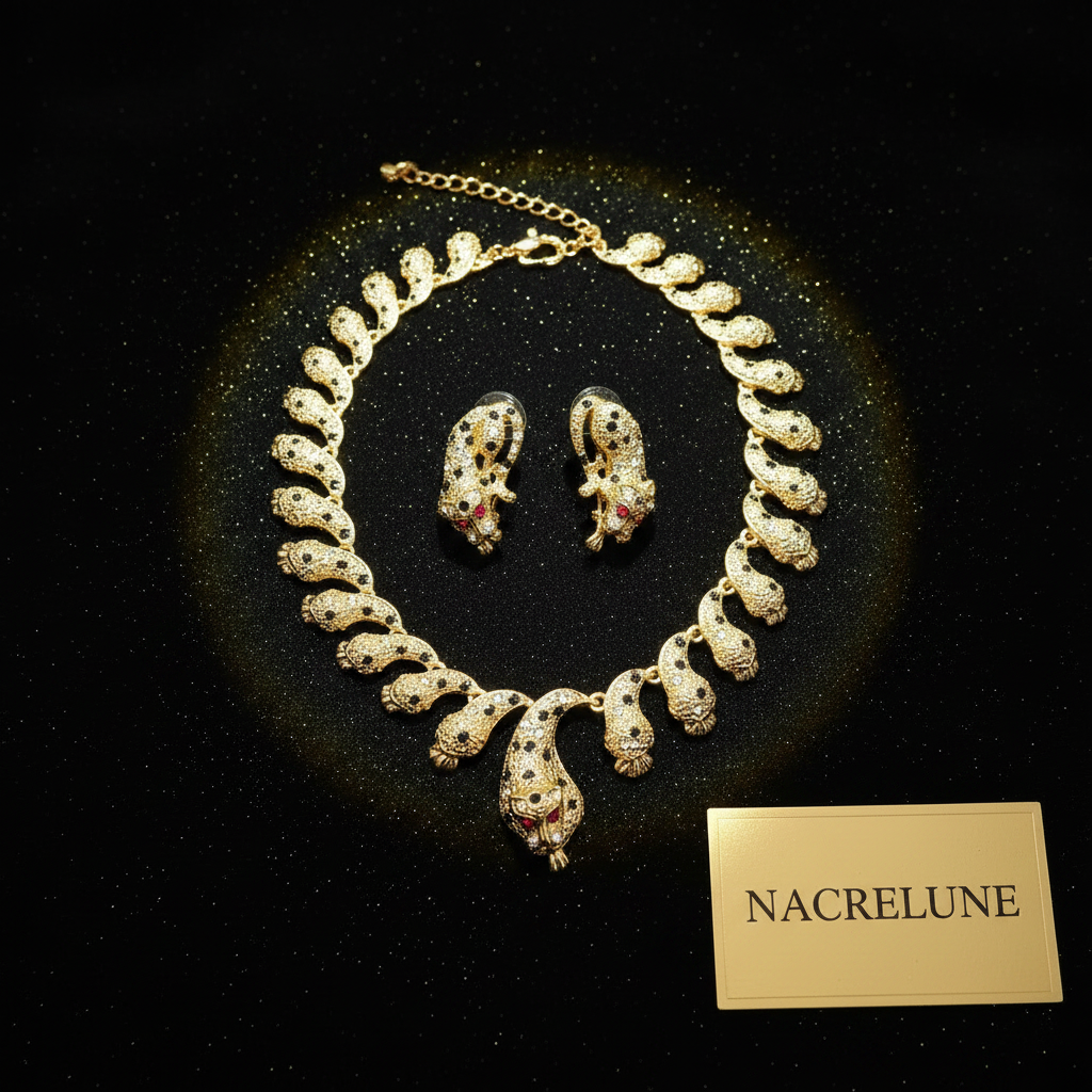 Parure panthère dorée aux yeux zirconia rubis nacrelune.com parure