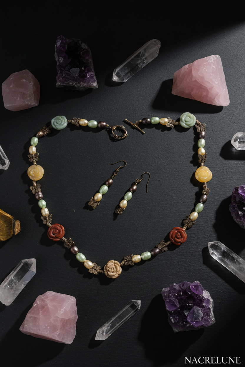 Parure Perles de Culture & Fleur en Pierres Naturelles – Bijou Artisanal | NACRELUNE NACRELUNE Parure