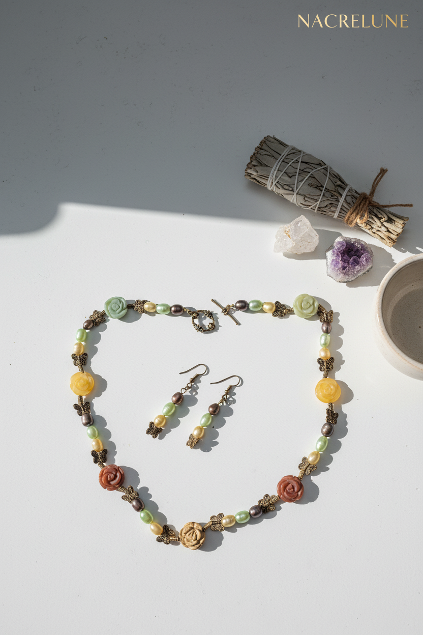 Parure Perles de Culture & Fleur en Pierres Naturelles – Bijou Artisanal | NACRELUNE NACRELUNE Parure