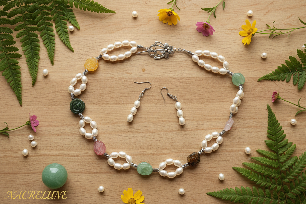 parure perles de culture avec fleurs multicolores en pierre naturelle nacrelune.com parure