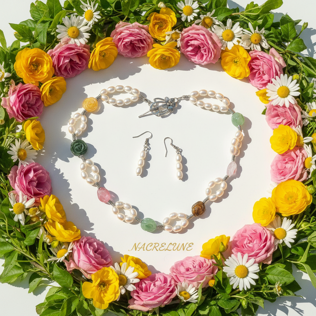 parure perles de culture avec fleurs multicolores en pierre naturelle nacrelune.com parure