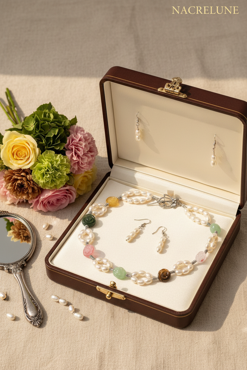 parure perles de culture avec fleurs multicolores en pierre naturelle nacrelune.com parure