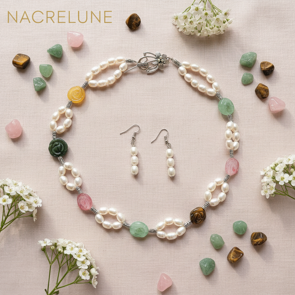 parure perles de culture avec fleurs multicolores en pierre naturelle nacrelune.com parure