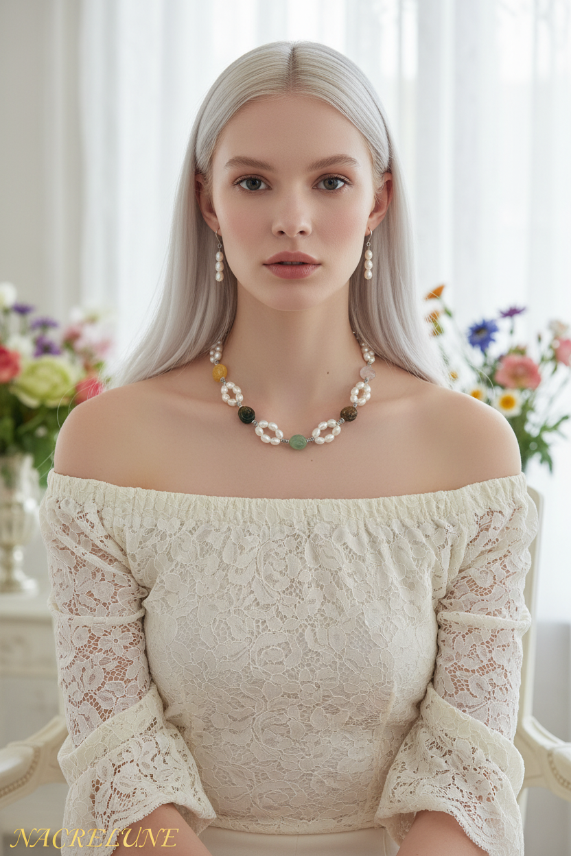 parure perles de culture avec fleurs multicolores en pierre naturelle nacrelune.com parure