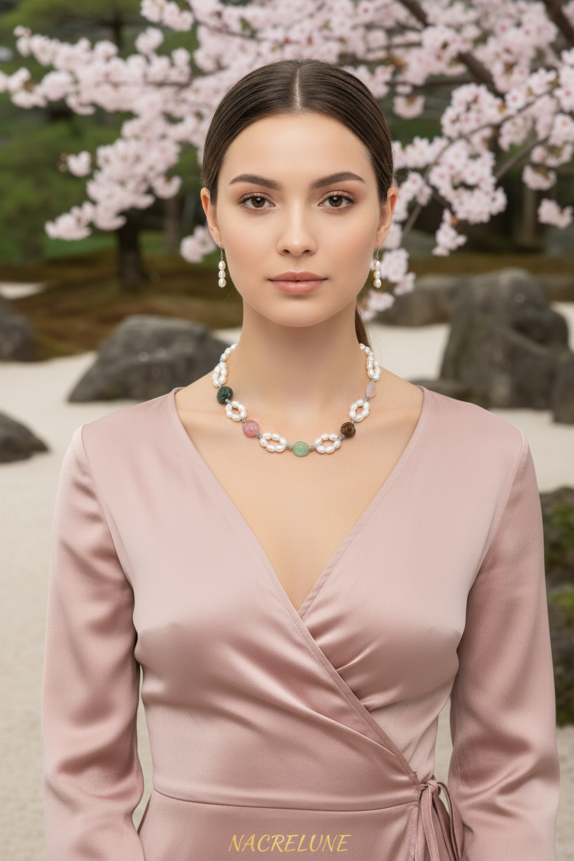 parure perles de culture avec fleurs multicolores en pierre naturelle nacrelune.com parure