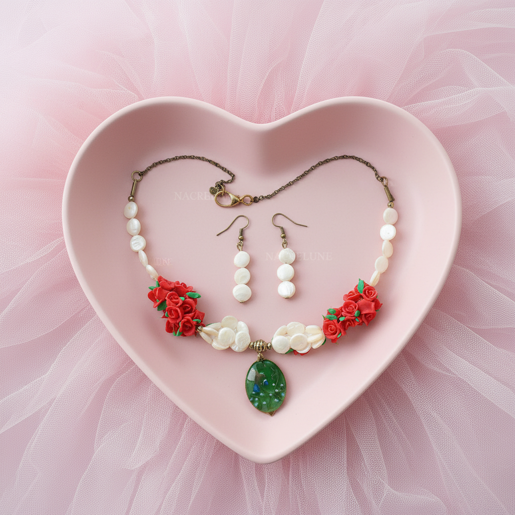 parure en perles pastilles de nacre, petites roses rouges en fimo et grande perle en verre décoré nacrelune.com parure