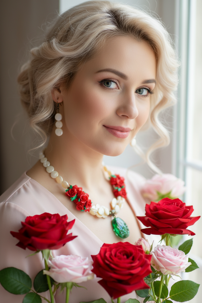 parure en perles pastilles de nacre, petites roses rouges en fimo et grande perle en verre décoré nacrelune.com parure