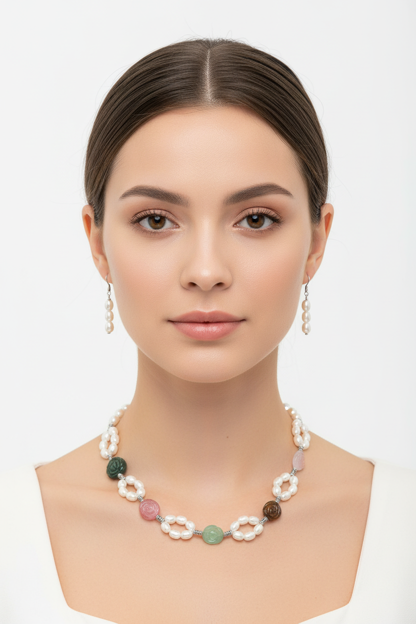 parure perles de culture avec fleurs multicolores en pierre naturelle nacrelune.com parure