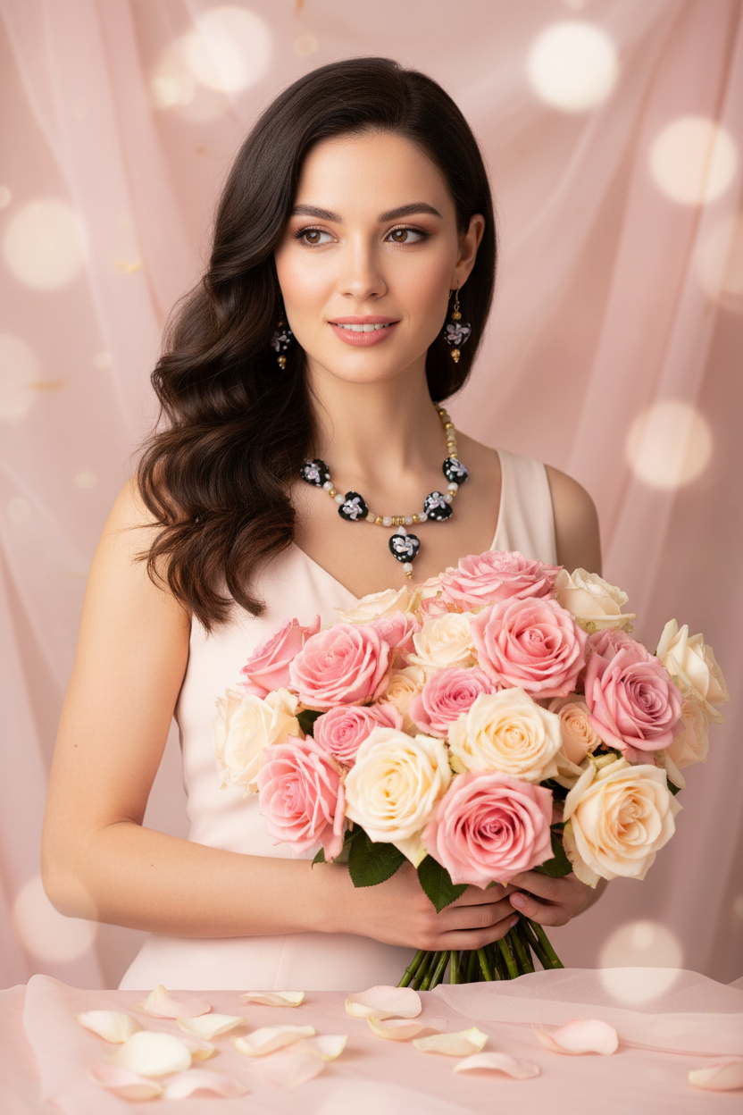 parure en perles de verre et coeurs en verre noir et rose décorés à la main nacrelune.com parure