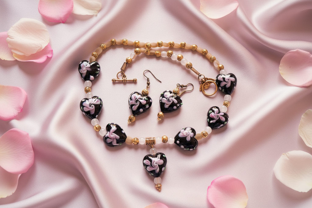 parure en perles de verre et coeurs en verre noir et rose décorés à la main noir nacrelune.com parure